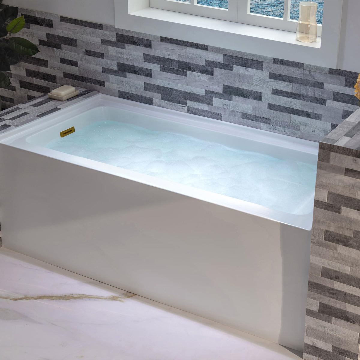 WOODBRIDGE 60" Acrylic Rectangular Alcove Soaking Bathtub in White with Left Drain, Brushed Nickel pop-up Drain Included, LB428-L