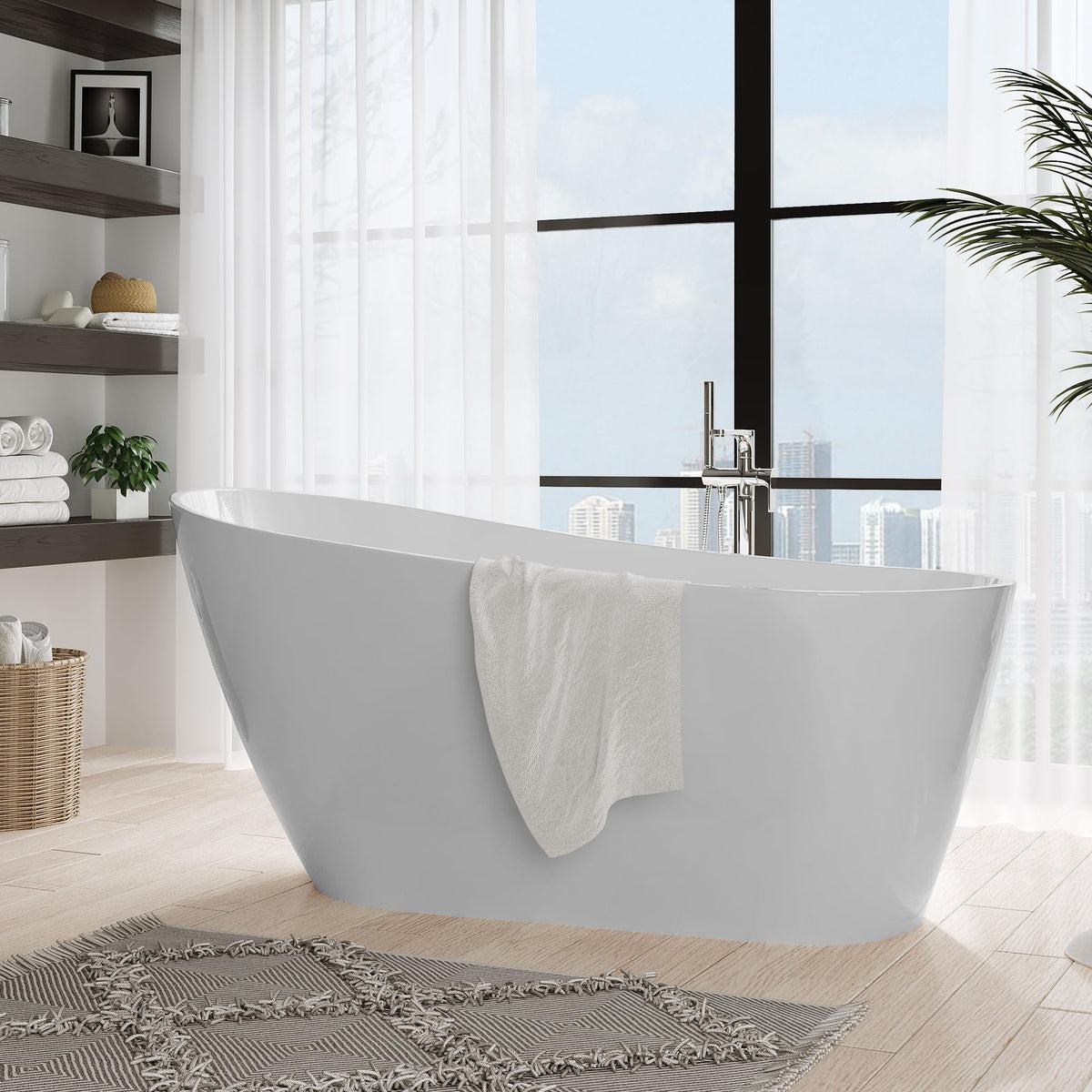 59" Freestanding Bathtub, Acrylic Streamline Stand Alone Soaking Bath Tubs