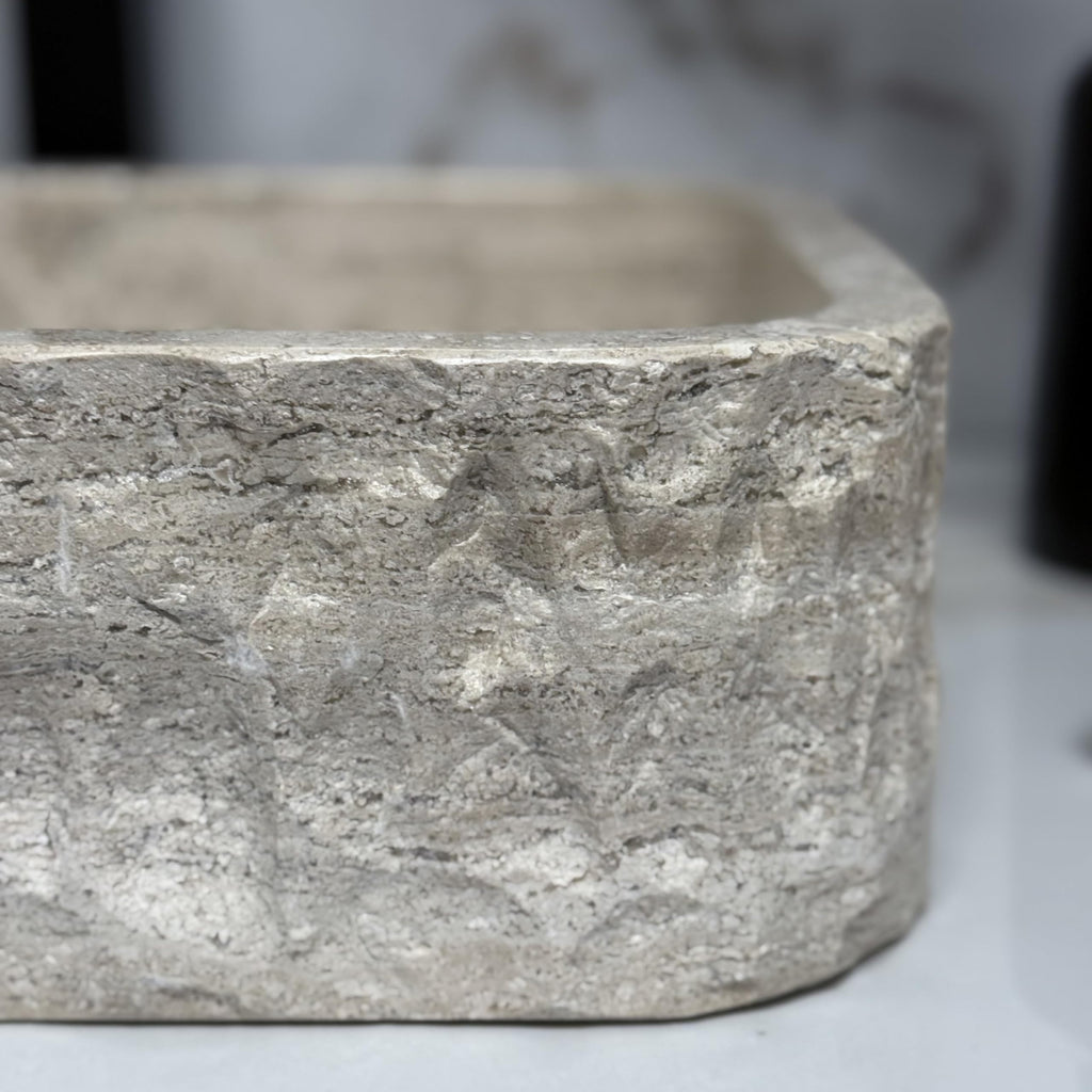 Oval Travertine Vessel Sink â Natural Stone Wash Basin, Hand-Carved Bathroom Sink with Chiseled Exterior & Polished Interior, Above Counter Vanity Basin (Includes Matching Soap Tray)