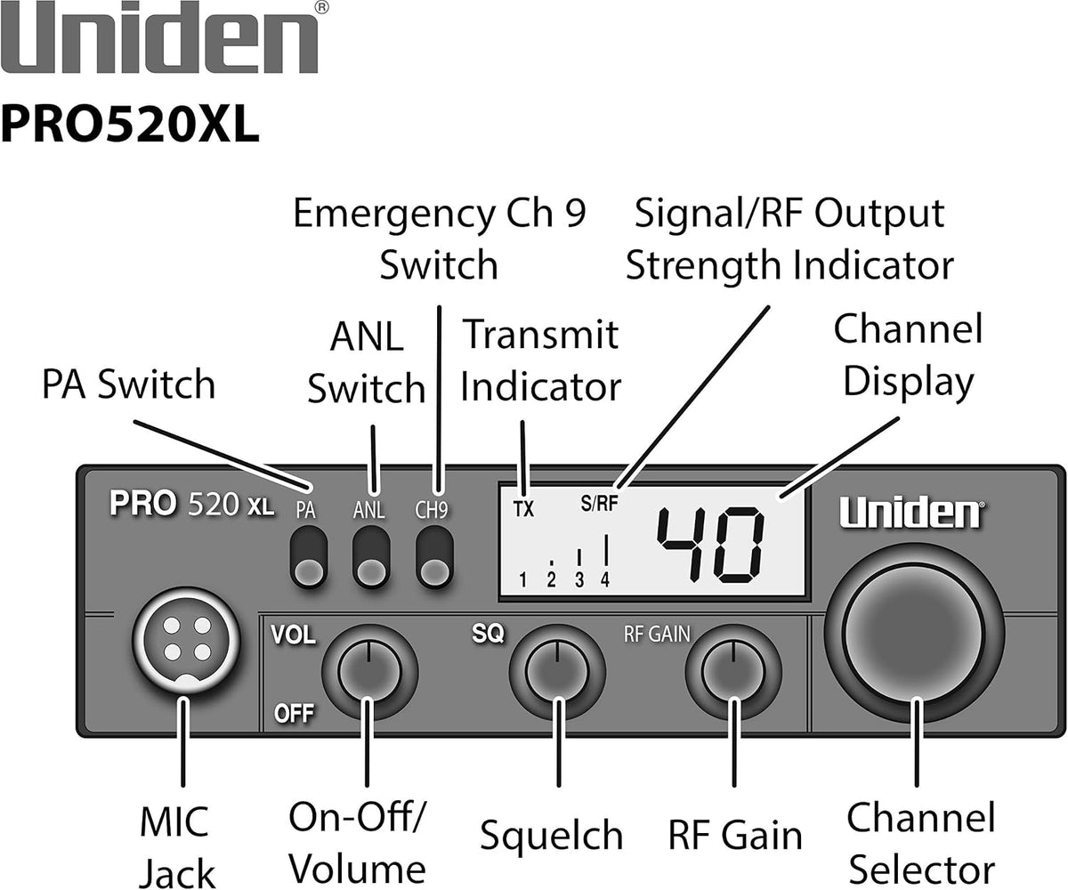 Uniden PRO520XL Pro Series 40-Channel CB Radio + RoadPro 24" Magnet Mount Stainless Steel CB Antenna Kit