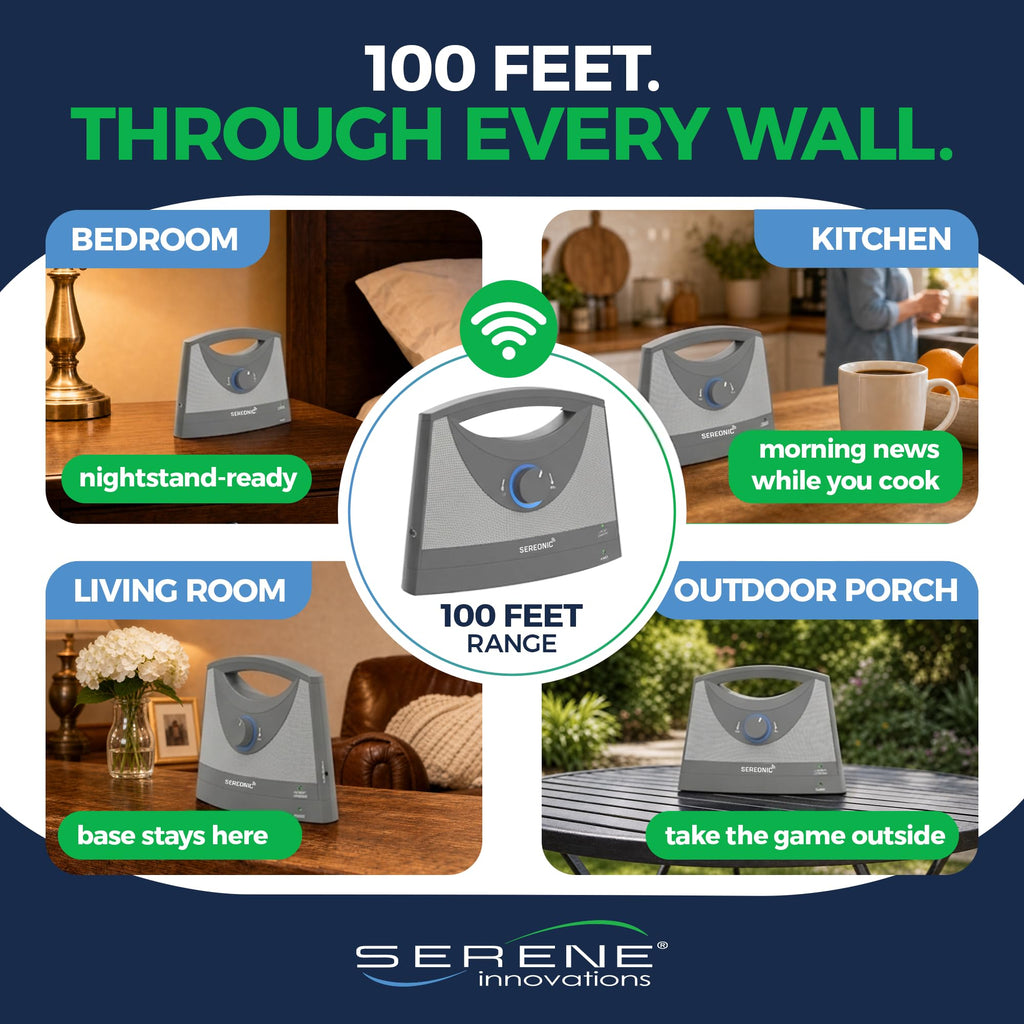 SEREONIC Portable Wireless TV Speakers for Smart TV - Ideal for TV Watching Without The Blaring Volume - Wireless Speakers for TV Designed for Hard of Hearing, Elderly, and Seniors - 100ft Range