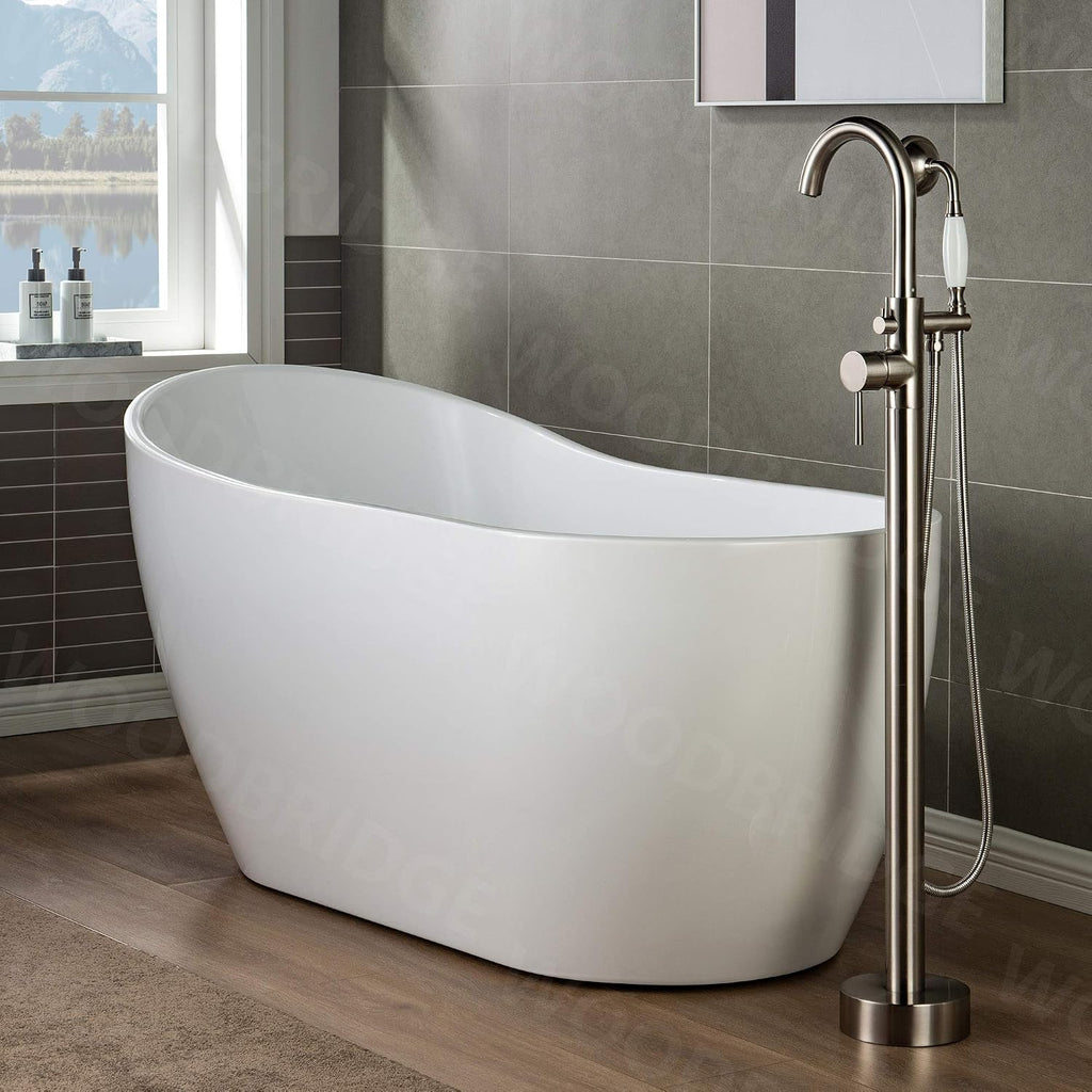 WOODBRIDGE 59" Acrylic Freestanding Bathtub Contemporary Soaking White Tub with Brushed Nickel Overflow and Drainï¼B-1530 -B/N-Drain &O