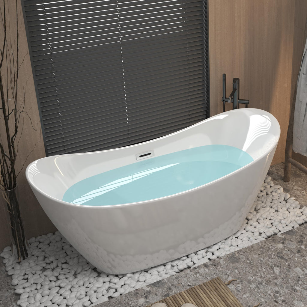 GDFStudio 67" Acrylic Freestanding Bathtub with Diamond Pattern, Modern Oval Soaking Tub, Freestanding Bath Spa Tub, Brushed Nickel Overflow & Pop-Up Drain, cUPC Certified, Glossy White