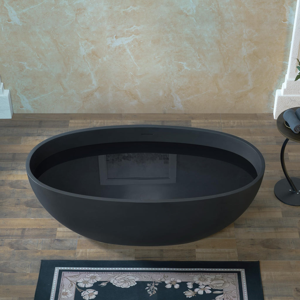 WOODBRIDGE 61" Stone Resin Freestanding Soaking Tub, Modern Oval Solid Surface Bathtub with Integrated Slotted Overflow & Drain, Matte White