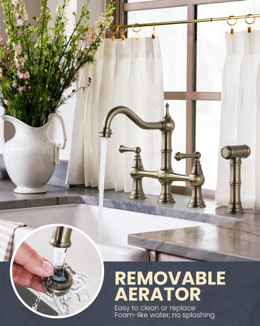 WOWOW Brass Bridge Kitchen Faucet 4 Hole with Side Sprayer, Brushed Gold