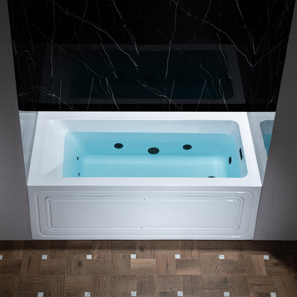 WOODBRIDGE 60" x 32" Alcove Acrylic Rectangular Whirlpool Heated Jetted Tub in White with Left Drain, Matte Black Finish, BS429-L-MB02