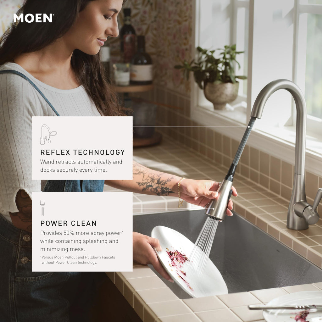 Moen Align Spot Resist Stainless Pulldown Kitchen Faucet, Single Hole, Modern Spring Style with Pre-Rinse and Power Boost Pull Down Sprayer, Easy Installation, 5923SRS