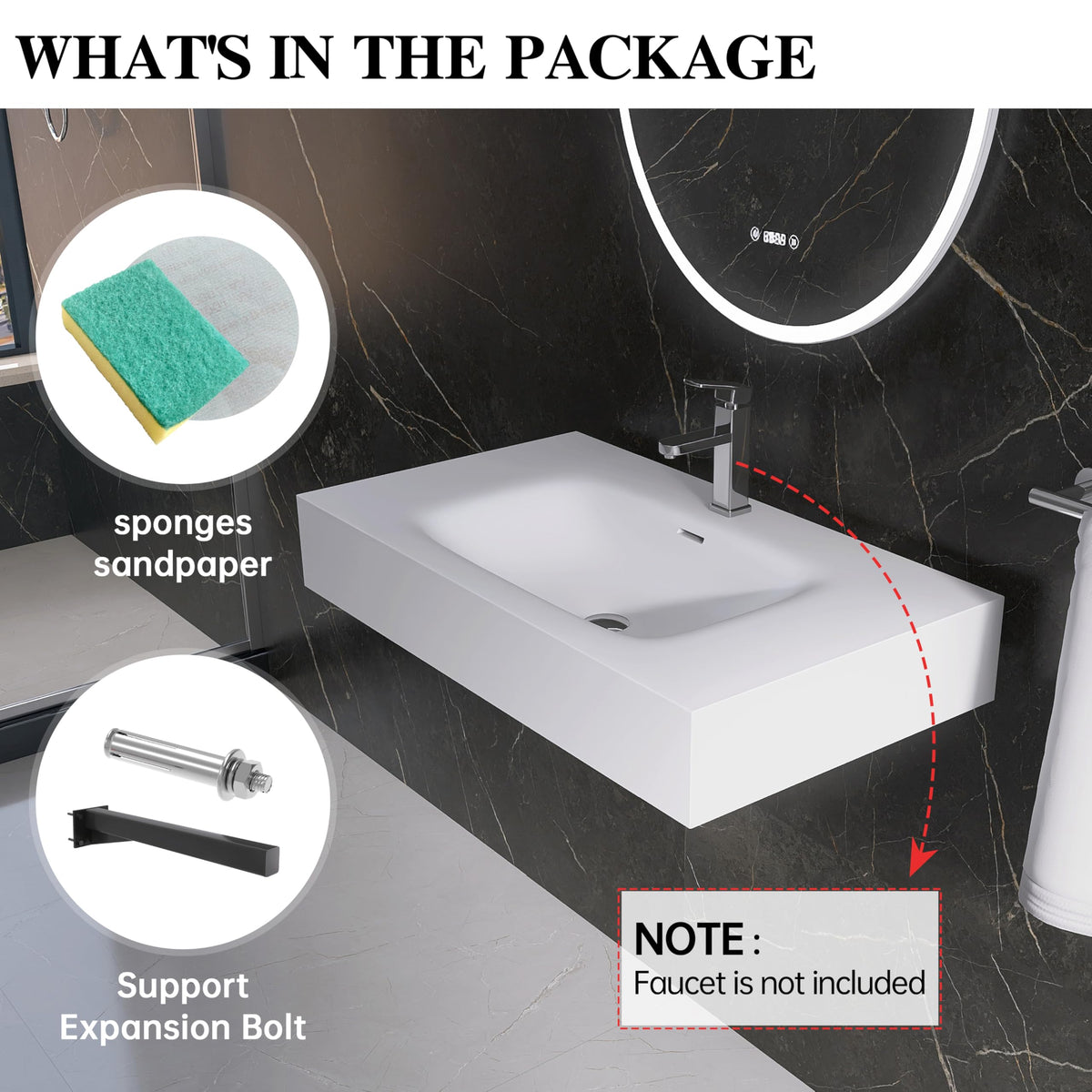 47" Wall Mount Sink, Artificial Stone Bathroom Sink, Single Hole