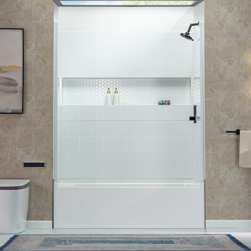 WOODBRIDGE 60â x 32â Four-Piece Direct-to-Stud Alcove Tub Surround with Left-Drain Hole Soaking Bathtub Combo in White