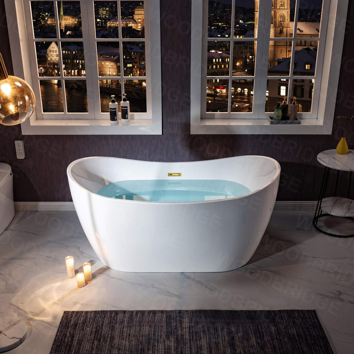 WOODBRIDGE 71" Acrylic Freestanding Bathtub Contemporary Soaking White Tub with Brushed Gold Overflow and Drain,B0017-BG