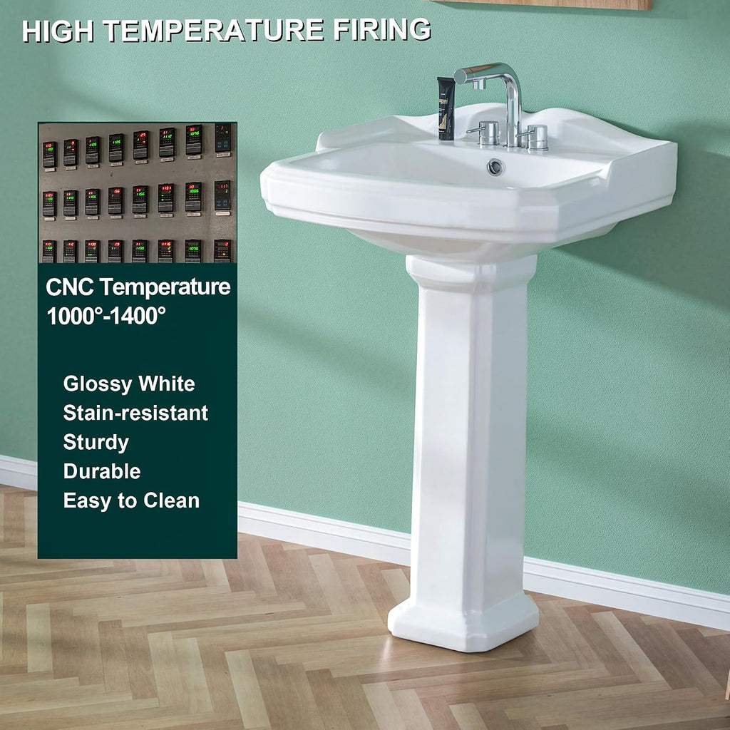 Miuara Freestanding 23 x19 Inch White Pedestal Sink 3 Hole for Bathroom
