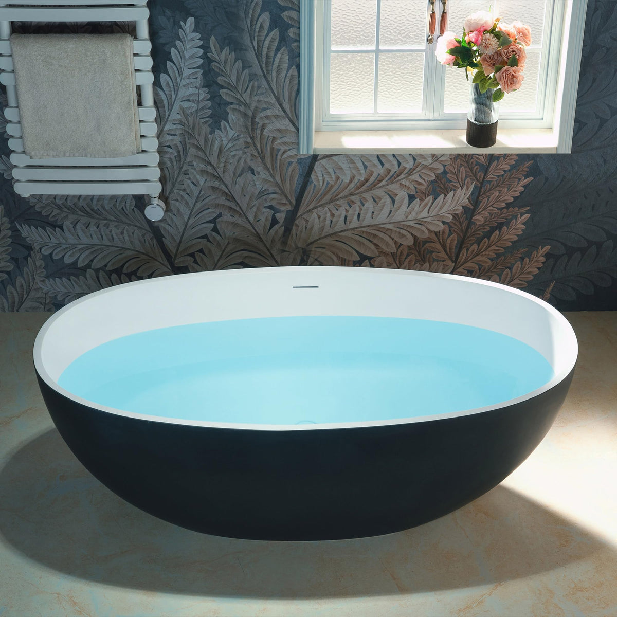 WOODBRIDGE 61" Stone Resin Freestanding Soaking Tub, Modern Oval Solid Surface Bathtub with Integrated Slotted Overflow & Drain, Matte White