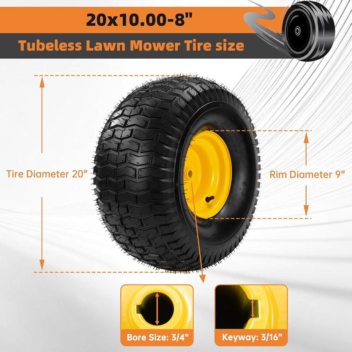 2-Pack 20x10.00-8 Tubeless Lawn Mower Rear Tire and Wheel Assembly, 4-Ply.