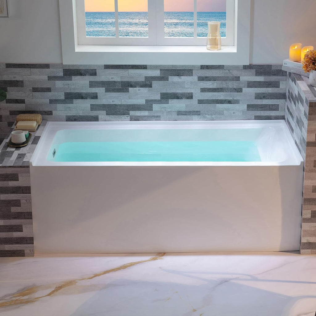 WOODBRIDGE 60" Acrylic Rectangular Alcove Soaking Bathtub in White with Left Drain, Brushed Nickel pop-up Drain Included, LB428-L