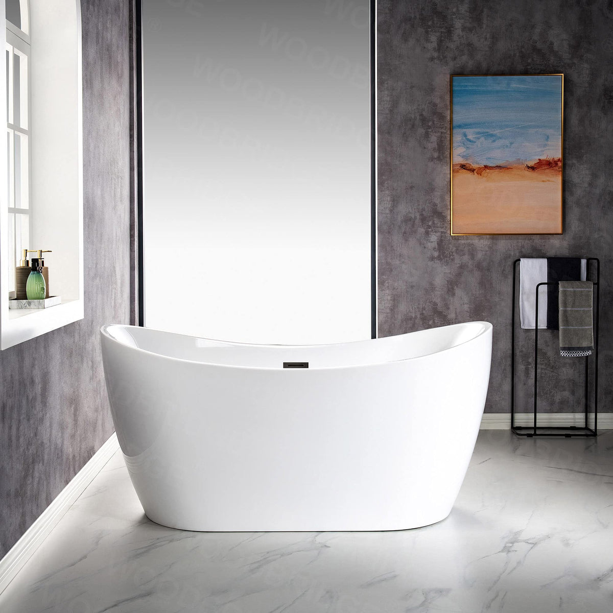 WOODBRIDGE 71" Acrylic Freestanding Bathtub Contemporary Soaking White Tub with Brushed Gold Overflow and Drain,B0017-BG