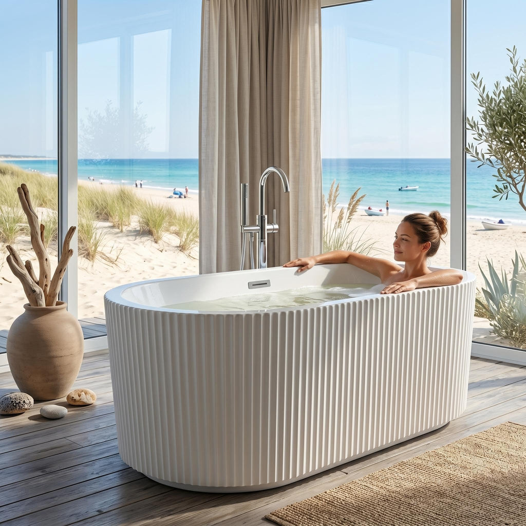 59" Acrylic Freestanding Soaking Bathtub, Deep Ergonomic Design with Lumbar Support, Integrated Overflow Drain, Non-Slip Base,cUPC Certified Modern Bathroom Tub, Easy Installation for Bathroom