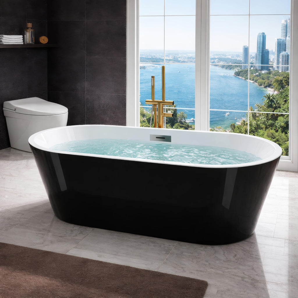 59" Acrylic Freestanding Bathtub, Modern Soaking Tub with Matte Drain and Overflow, Ergonomic Deep Design, Double-Walled Insulation, CUPC Certified, Easy Clean, Slip-Resistant, Gloss White