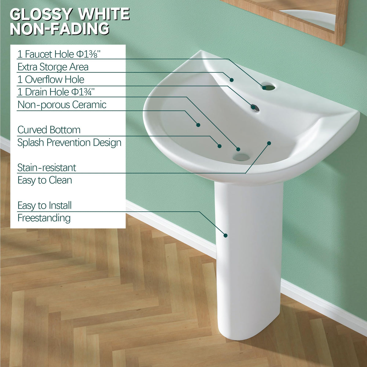Miuara Freestanding 23 x19 Inch White Pedestal Sink 3 Hole for Bathroom