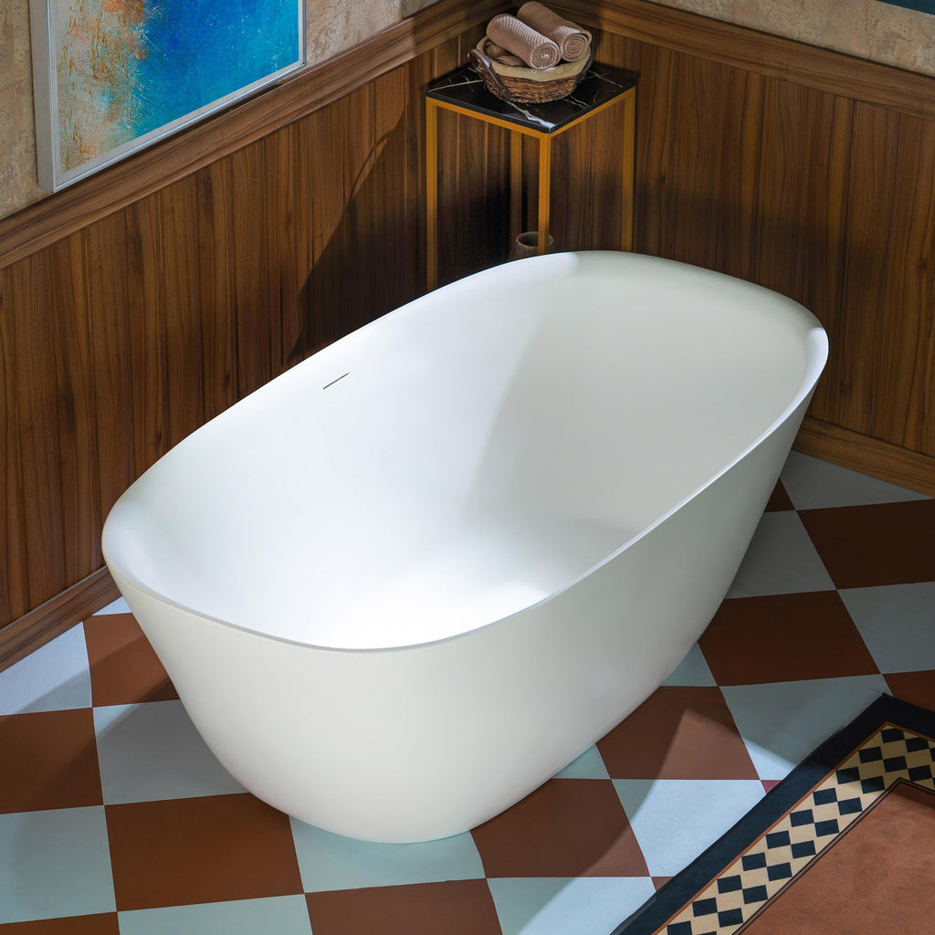 WOODBRIDGE 55 in. x 31.5 in. Stone Resin Luxury Contemporary Solid Surface Freestanding Bathtub in Matte White