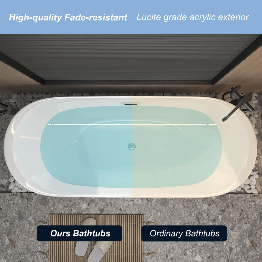 GDFStudio 67" Acrylic Freestanding Bathtub with Diamond Pattern, Modern Oval Soaking Tub, Freestanding Bath Spa Tub, Brushed Nickel Overflow & Pop-Up Drain, cUPC Certified, Glossy White