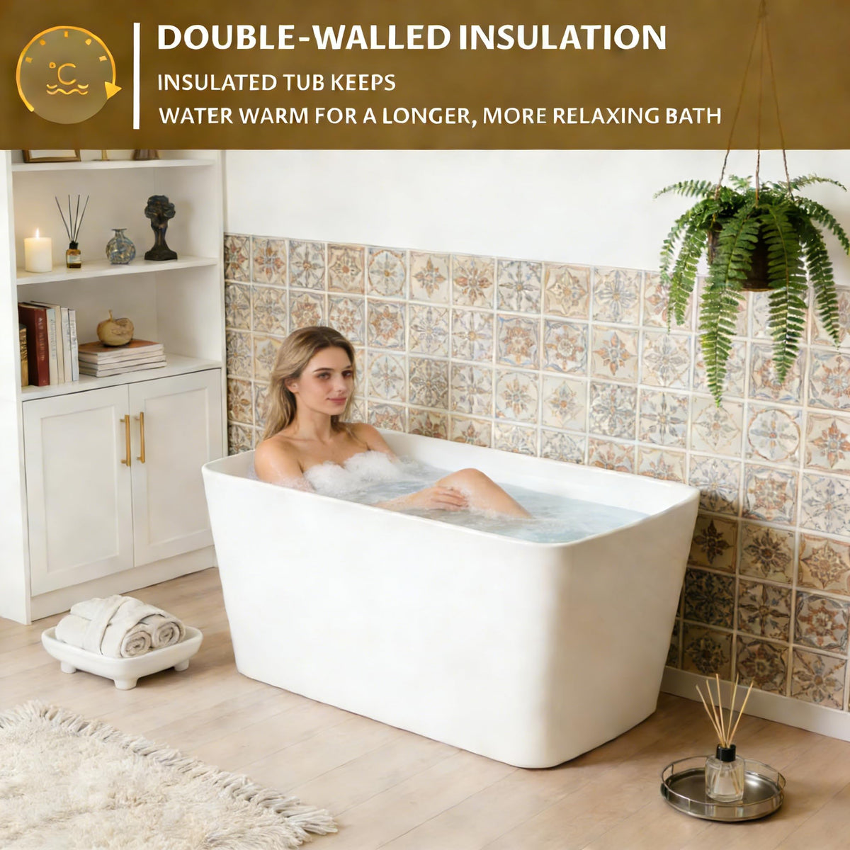 67'' Acrylic Freestanding Bathtub, Extra-Deep Soaking Free Standing Tub for Luxurious Bathing Experience, with Chrome Drain, for Main Bathroom, Black & White