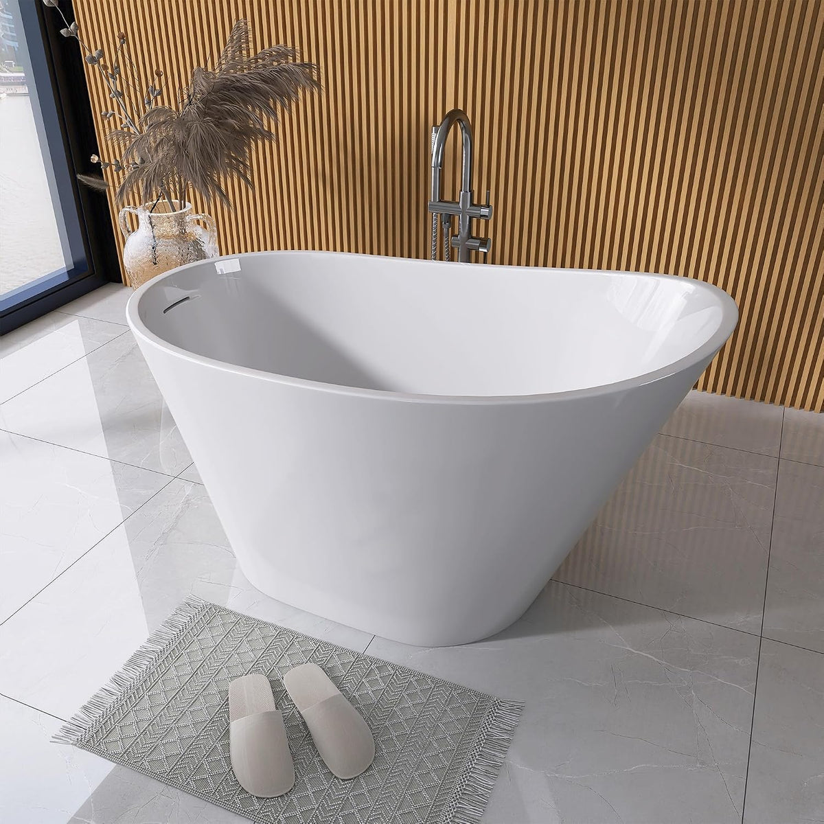 GETPRO Free Standing Tub 51" Deep Soaking Bath Tub, Oval Shape Acrylic Freestanding Bathtub with Integrated Slotted Overflow and Removable Anti-clogging Drain Glossy White