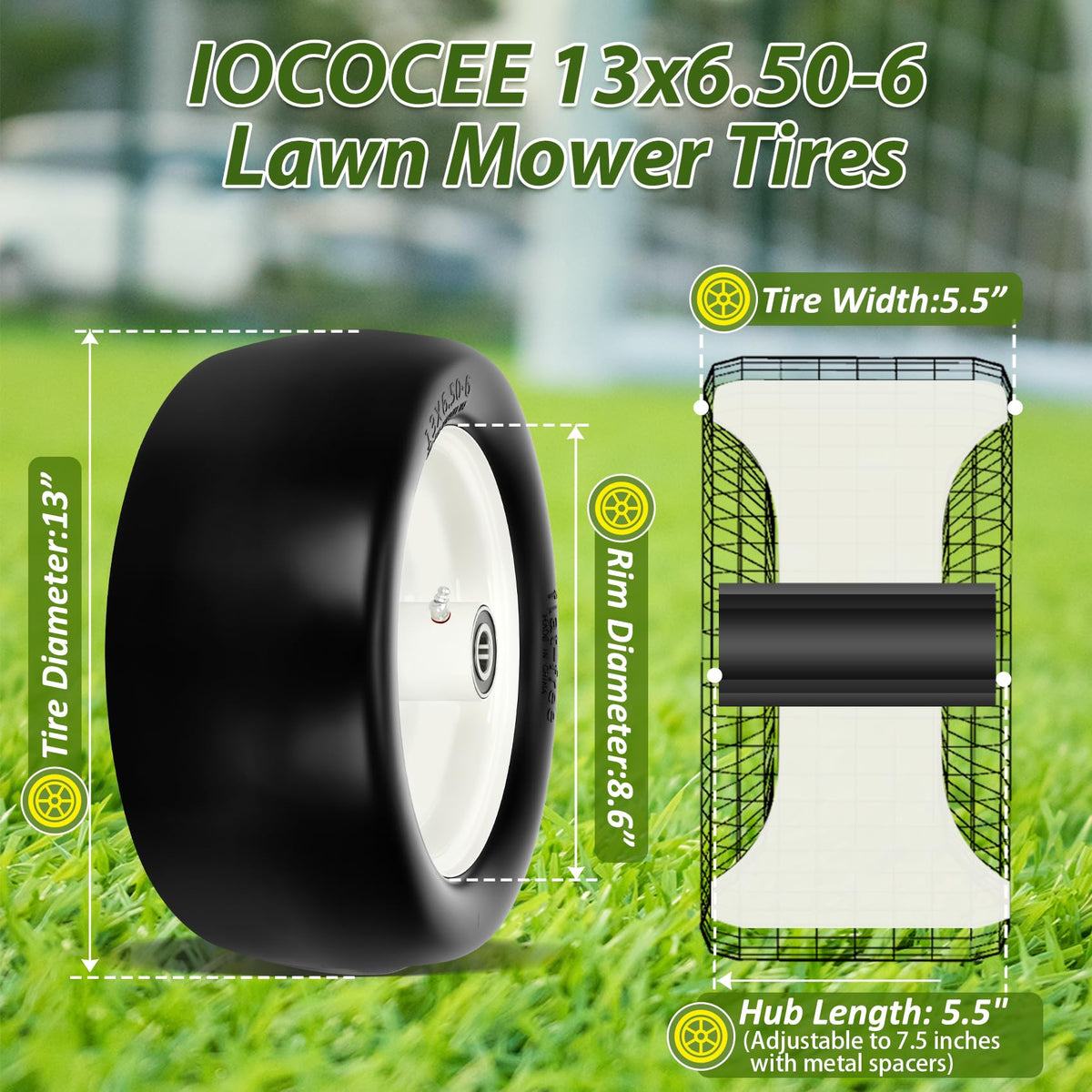 2 Pcs 13x6.50-6 Lawn Mower Tires Flat Free with 3/4" 1/2" 5/8" Bearings