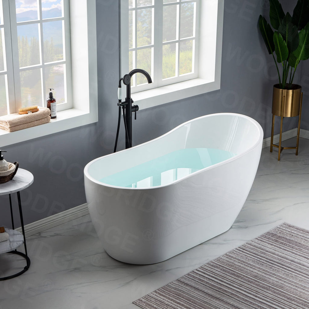 WOODBRIDGE 59" Acrylic Freestanding Bathtub Contemporary Soaking White Tub with Brushed Nickel Overflow and Drainï¼B-1530 -B/N-Drain &O