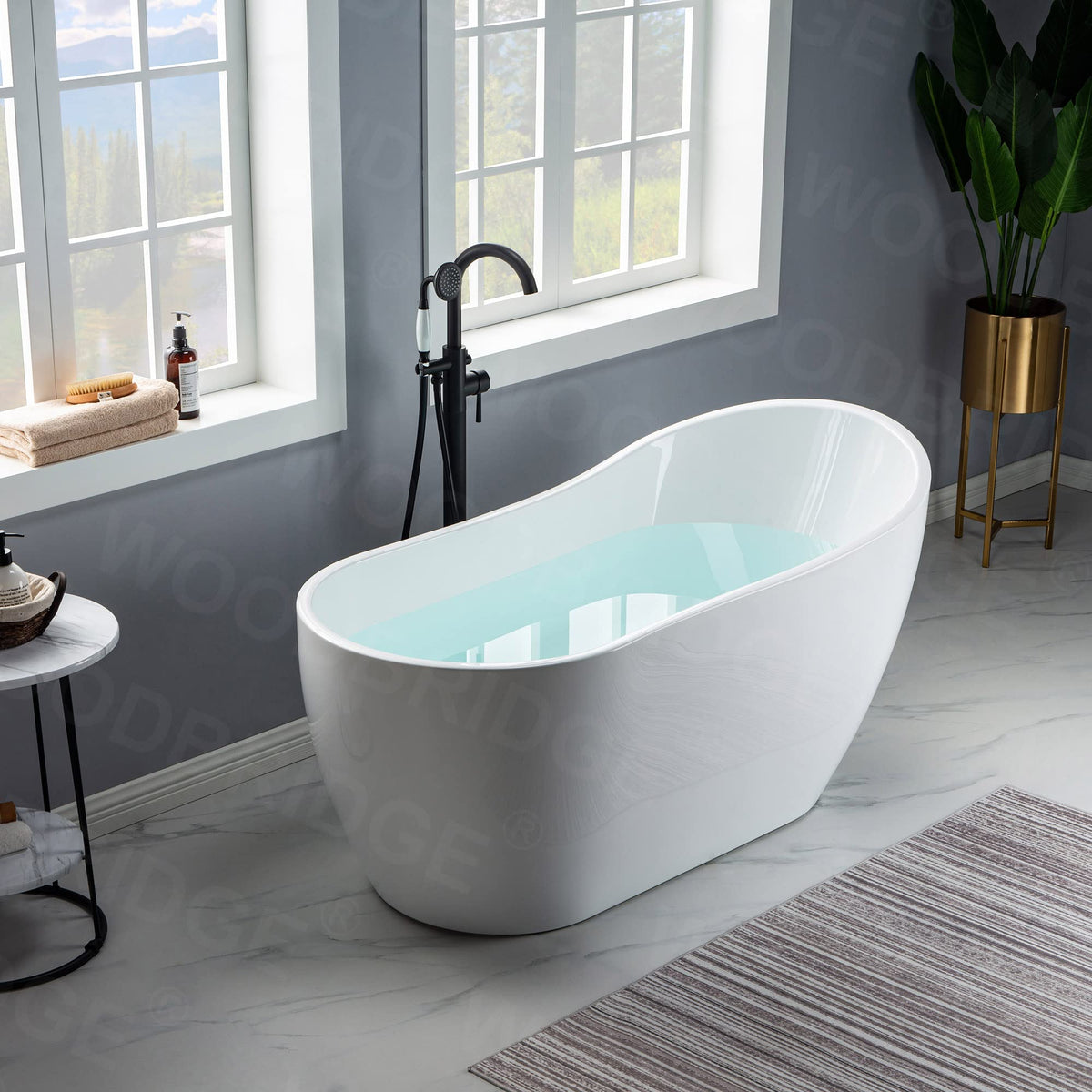 WOODBRIDGE 59" Acrylic Freestanding Bathtub Contemporary Soaking White Tub with Brushed Nickel Overflow and Drainï¼B-1530 -B/N-Drain &O