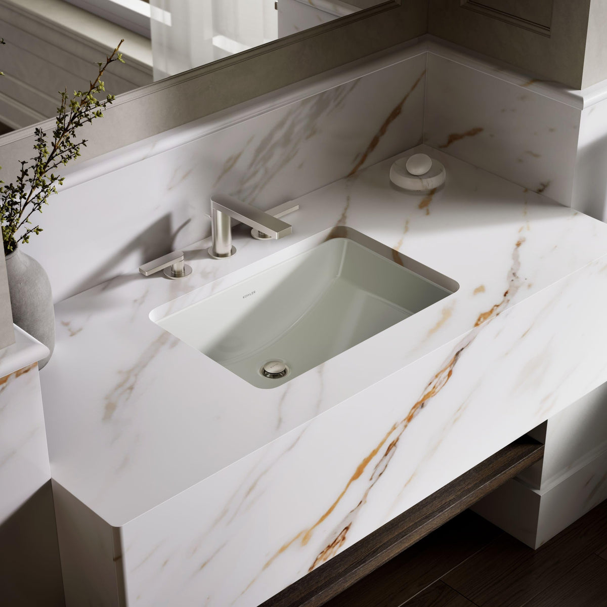 KOHLER 2214-0 Ladena Rectangular Undermount Bathroom Sink With Curved Bottom, 20-7/8" W X 14-3/8" L, White