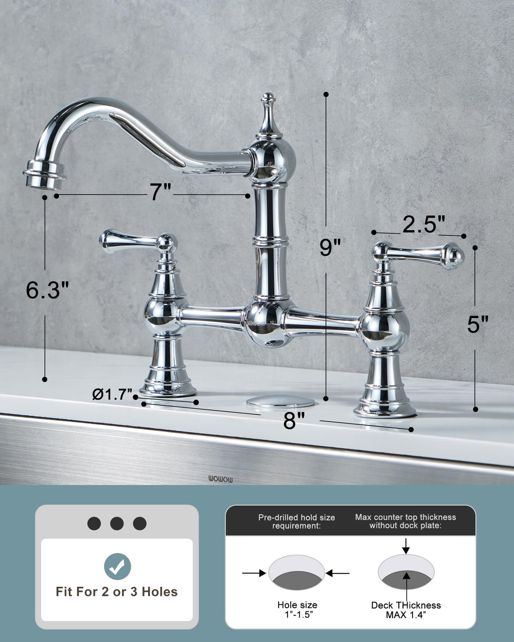 WOWOW Brass Bridge Kitchen Faucet 4 Hole with Side Sprayer, Brushed Gold
