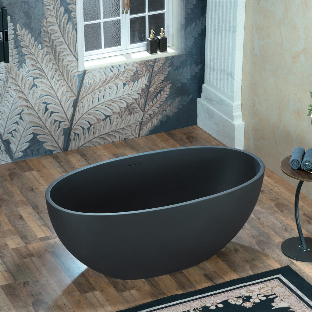 WOODBRIDGE 61" Stone Resin Freestanding Soaking Tub, Modern Oval Solid Surface Bathtub with Integrated Slotted Overflow & Drain, Matte White