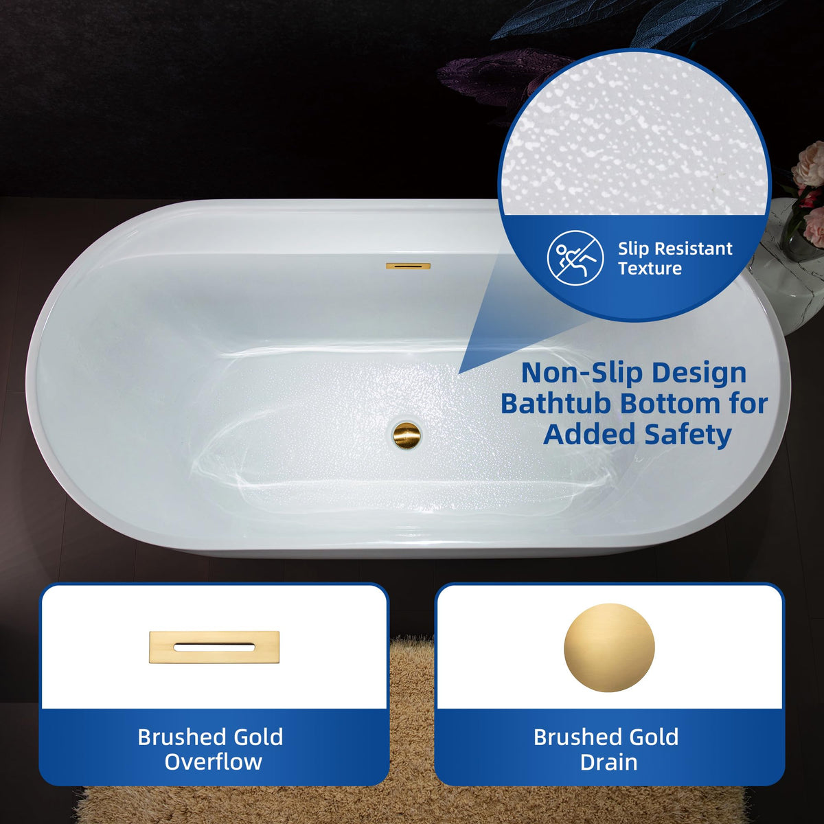 WOODBRIDGE 72" Acrylic Freestanding Bathtub Contemporary Soaking White Tub with Brushed Nickel Overflow and Drain,B0059BN