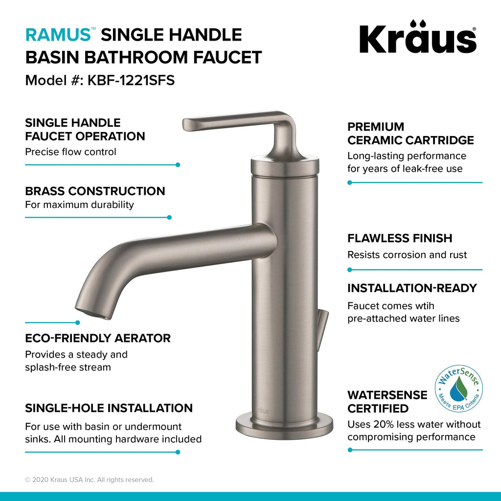 KRAUS Ramus Single Handle Vessel Sink Bathroom Faucet with Pop-Up Drain in Brushed Gold, KVF-1220BG