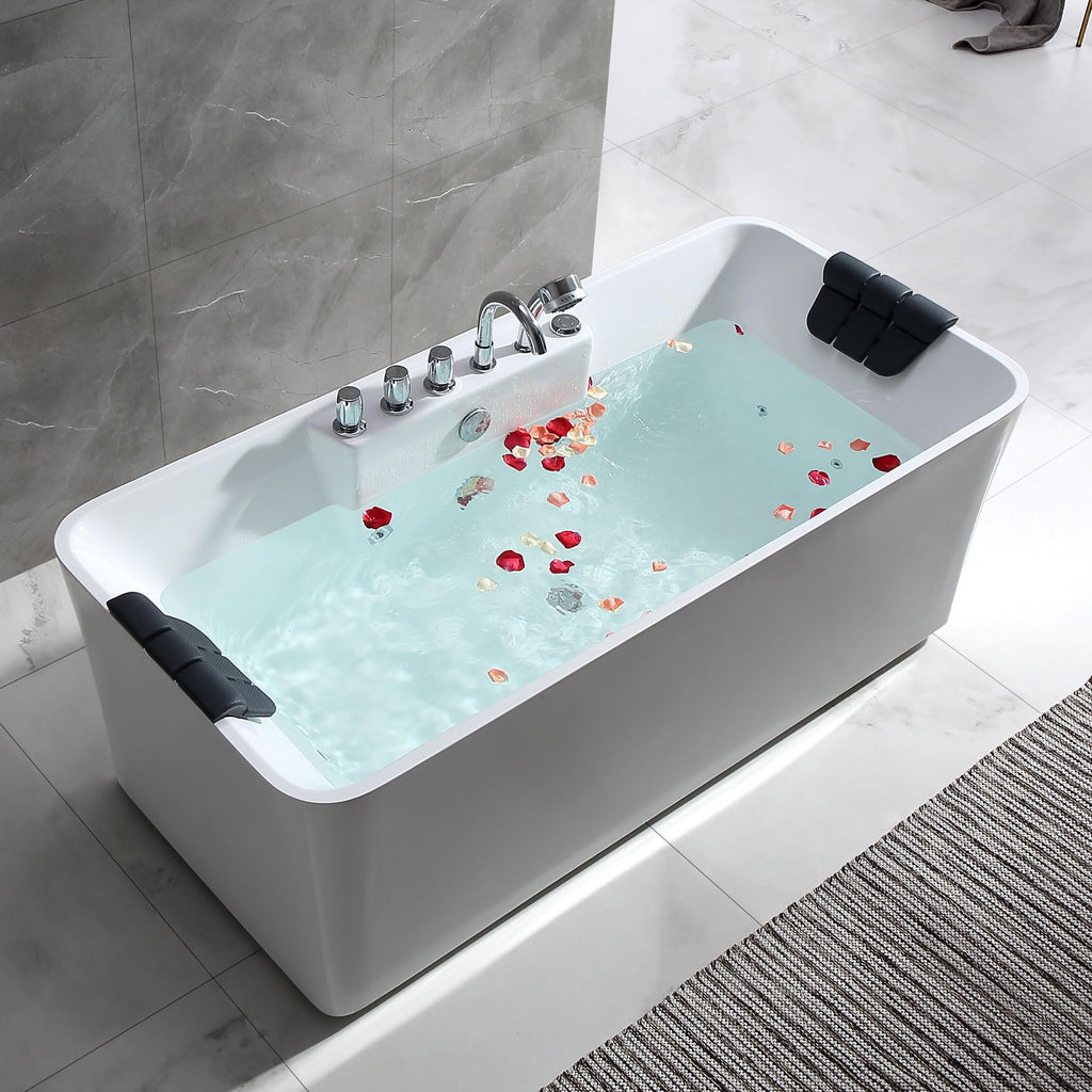 Empava 59" White Freestanding Rectangular Whirlpool Bathtub with 8 Adjustable Hydromassage Jets, ETL-Certified, 60-Gallon Capacity, Double-Ended Design & Two Pillows â Spacious for All Body Types