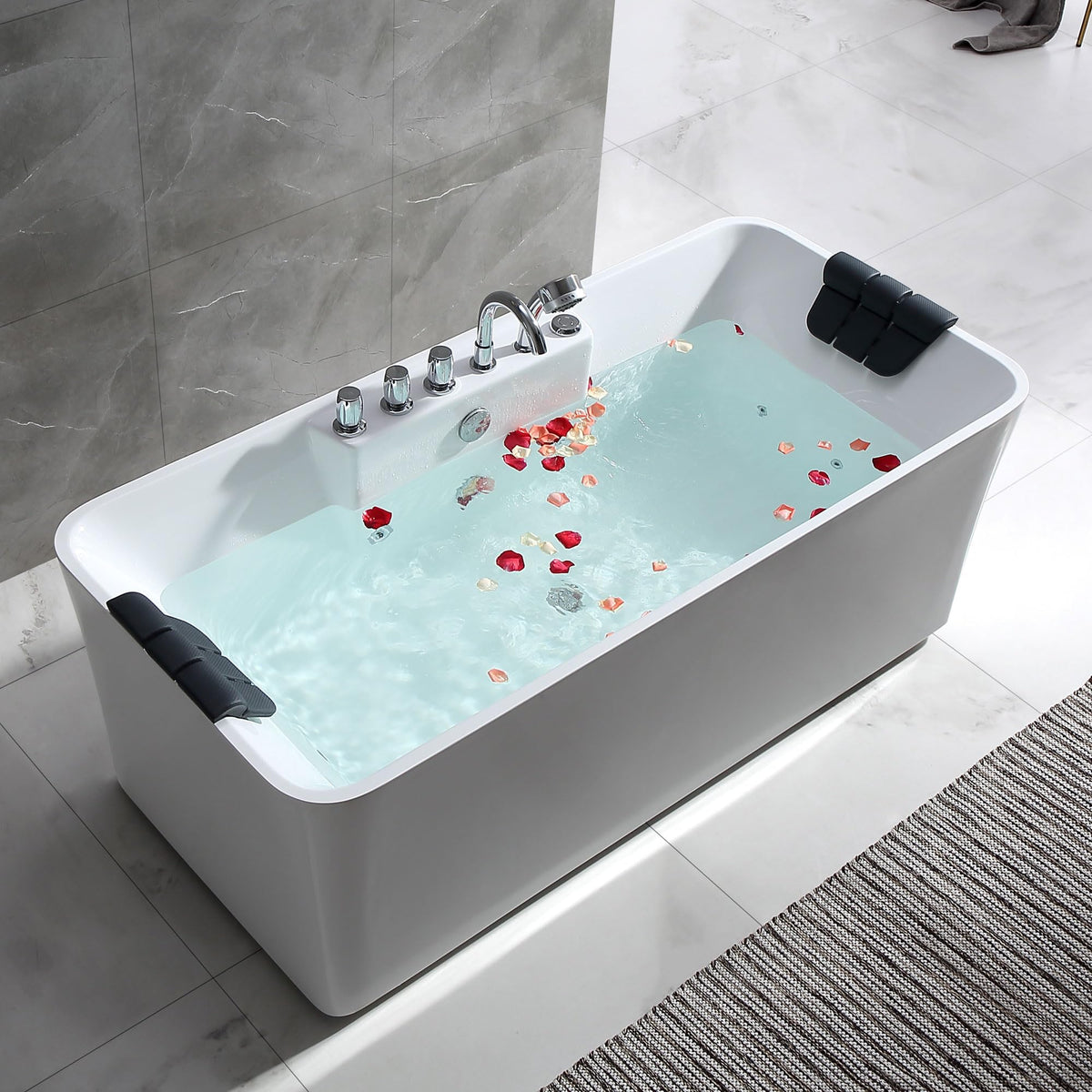 Empava 59" White Freestanding Rectangular Whirlpool Bathtub with 8 Adjustable Hydromassage Jets, ETL-Certified, 60-Gallon Capacity, Double-Ended Design & Two Pillows â Spacious for All Body Types