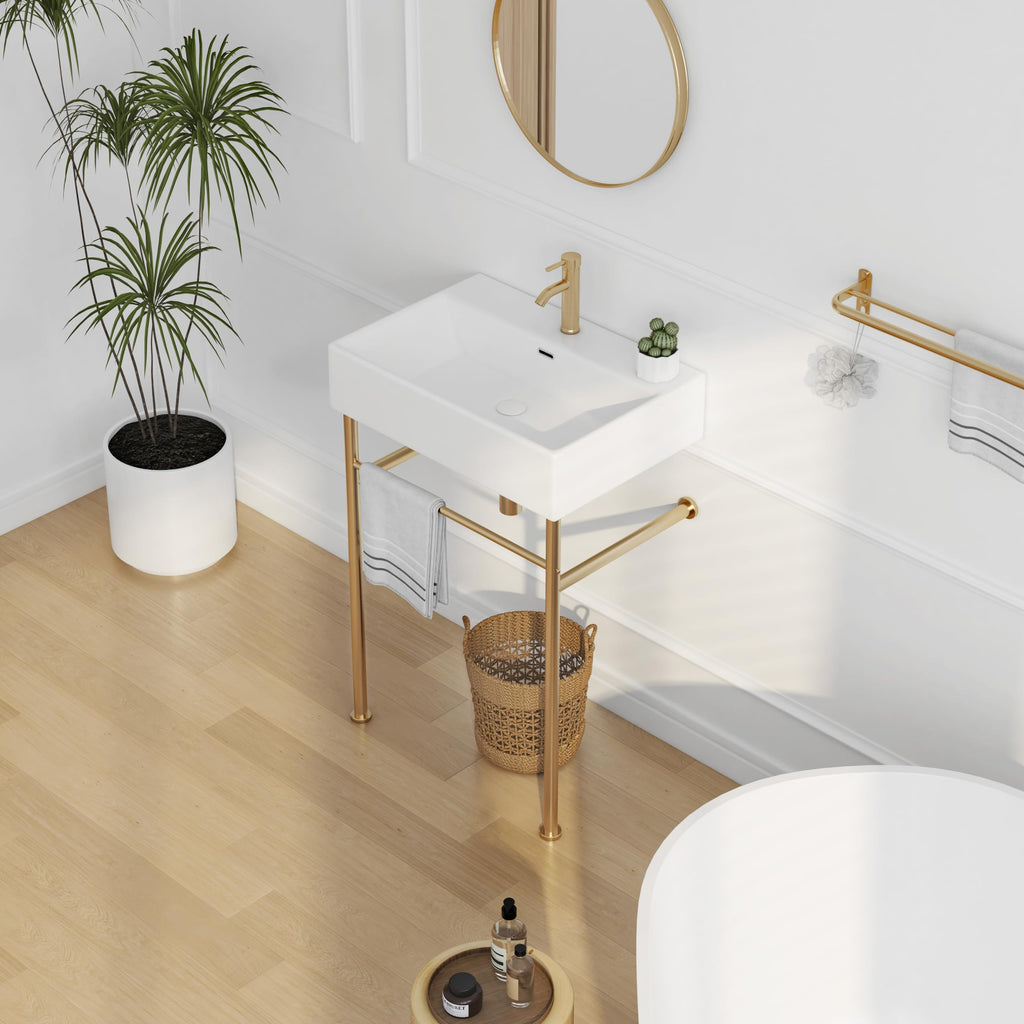 Eridanus 24"x16" Console Bathroom Sink, Free Standing 30 Inch Stainless Steel Support Pedestal Legs, Wall Mount White Vessel Ceramic Vanity Basin, Modern Rectangular Sinks Porcelain, Matte Black