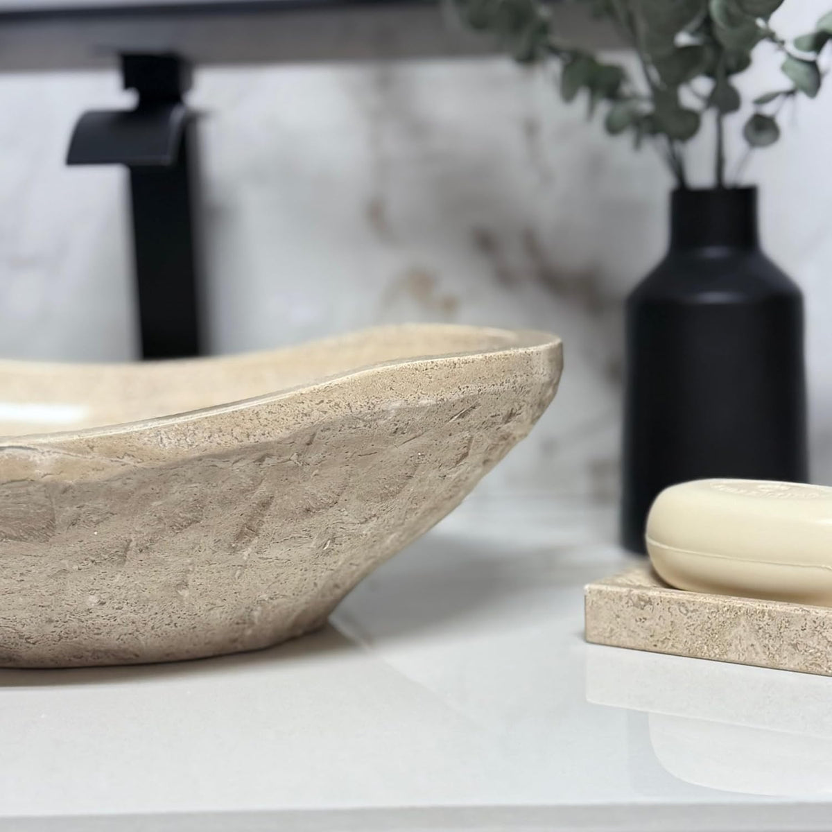 Oval Travertine Vessel Sink â Natural Stone Wash Basin, Hand-Carved Bathroom Sink with Chiseled Exterior & Polished Interior, Above Counter Vanity Basin (Includes Matching Soap Tray)