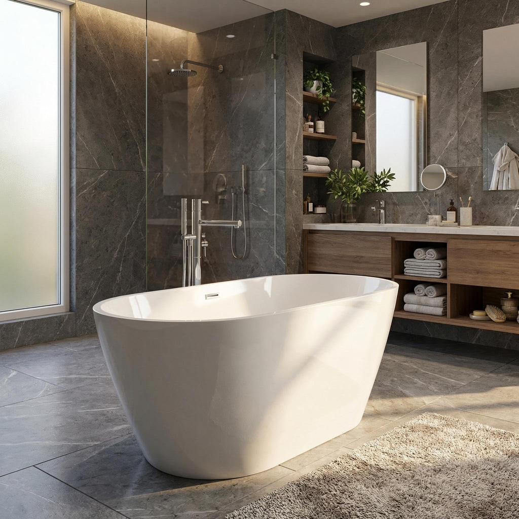 59" Acrylic Freestanding Bathtub, Modern Soaking Tub with Matte Drain and Overflow, Ergonomic Deep Design, Double-Walled Insulation, CUPC Certified, Easy Clean, Slip-Resistant, Gloss White