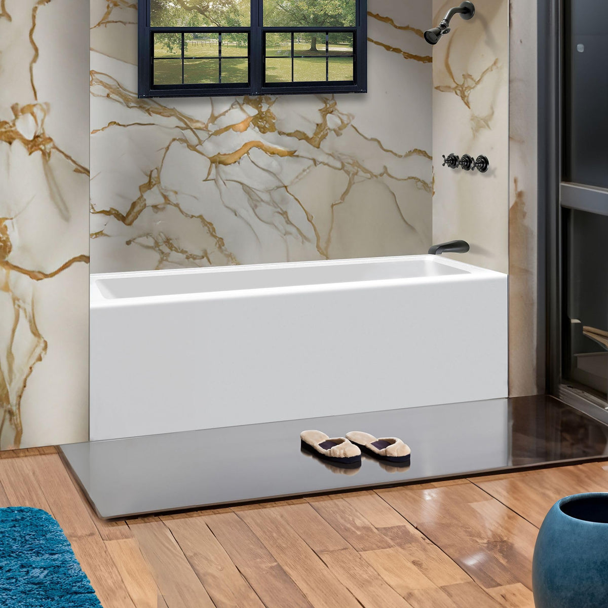 Fine Fixtures Acrylic, Fiberglass Alcove Soaking Bathtub with Integral Apron Front in Glossy White - Right Hand Drain, 72" x 32"