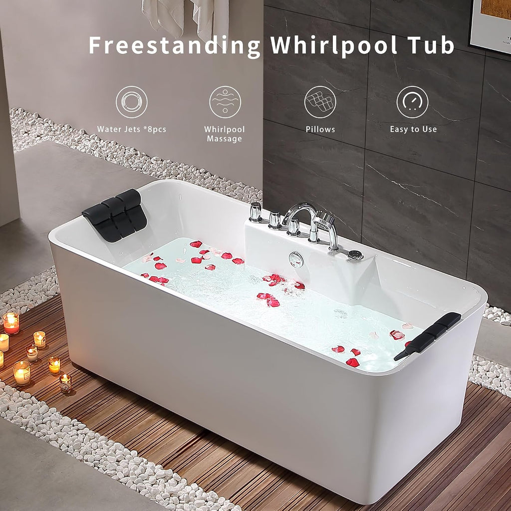 Empava 59" White Freestanding Rectangular Whirlpool Bathtub with 8 Adjustable Hydromassage Jets, ETL-Certified, 60-Gallon Capacity, Double-Ended Design & Two Pillows â Spacious for All Body Types