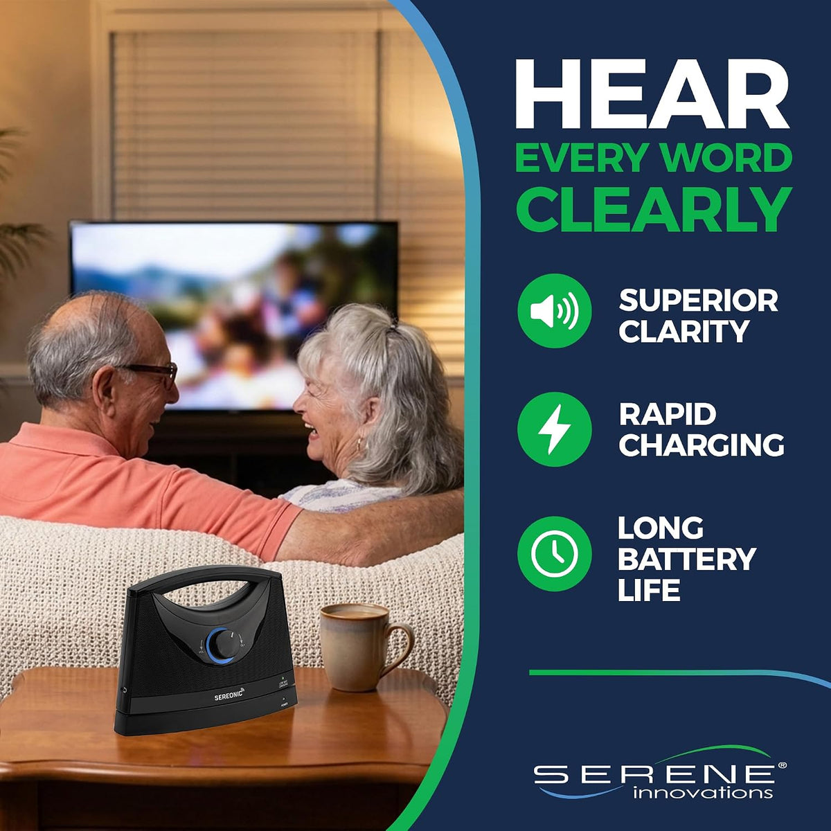 SEREONIC Portable Wireless TV Speakers for Smart TV - Ideal for TV Watching Without The Blaring Volume - Wireless Speakers for TV Designed for Hard of Hearing, Elderly, and Seniors - 100ft Range