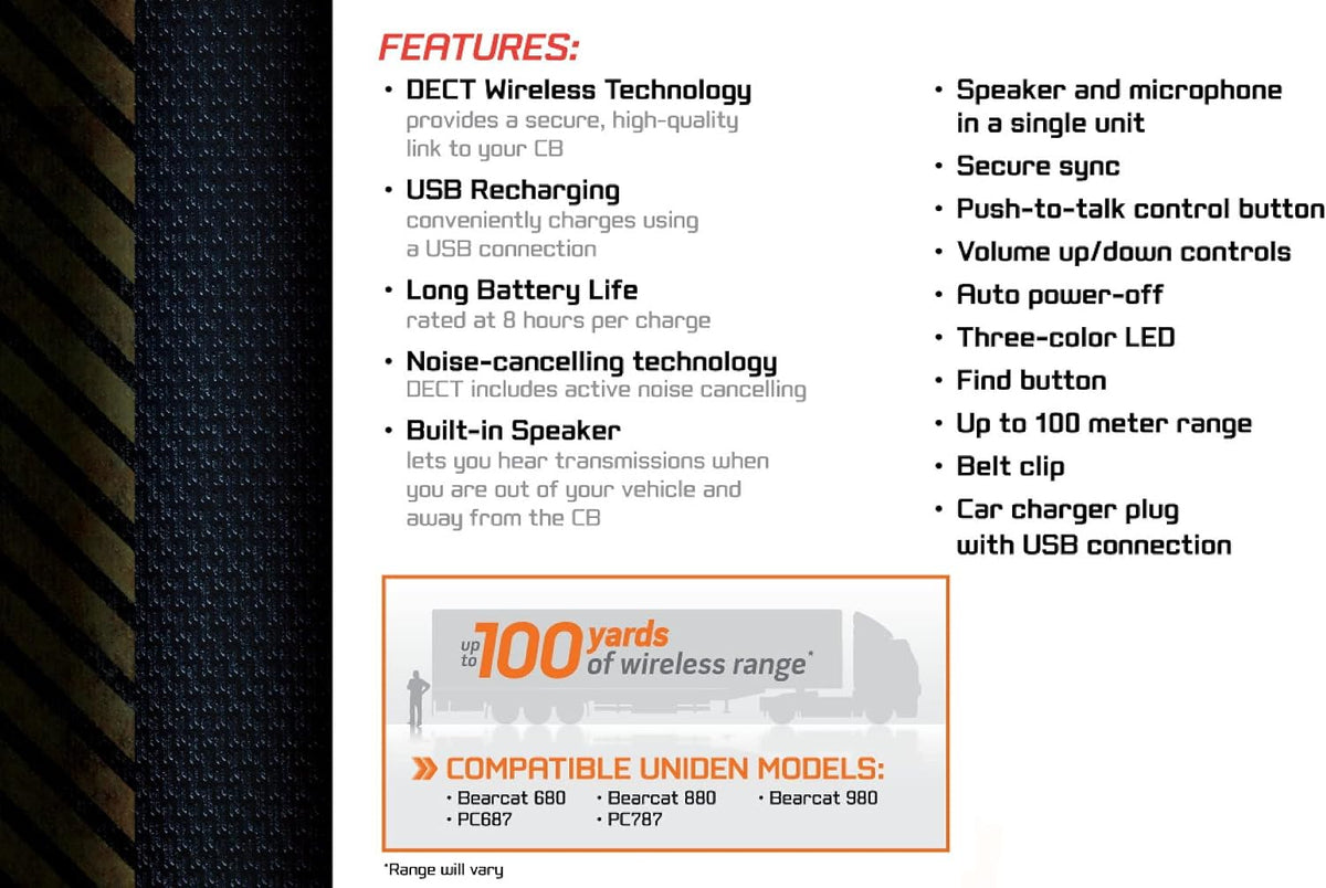 Uniden BC906W Wireless CB Microphone and Speaker in a single unit, Up to 100 Yard Range, Smart Power Save, Active Noise-Canceling Technology, Clear Quality Sound,Black