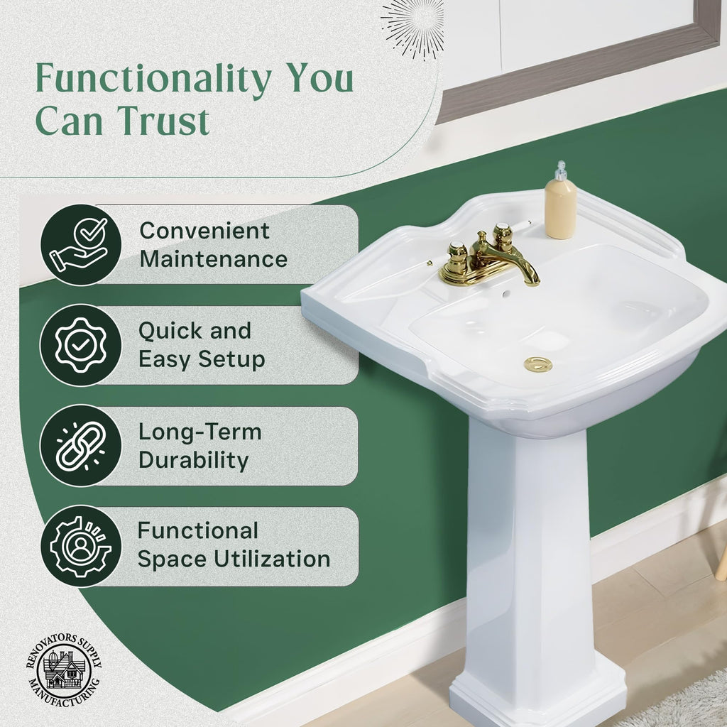 Renovators Supply Manufacturing Ondine Space Saving 16" W x 33" H x 14.5" Proj. Small Bathroom Pedestal Sink, Vitreous China, with Overflow, Compatible with 4 in. Centerset Faucets