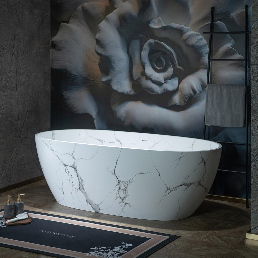 WOODBRIDGE 63" Marble-Pattern Stone Resin Freestanding Soaking Tub, Modern Oval Solid Surface Bathtub with Integrated Slotted Overflow & Drain, Matte Finish, CST0744