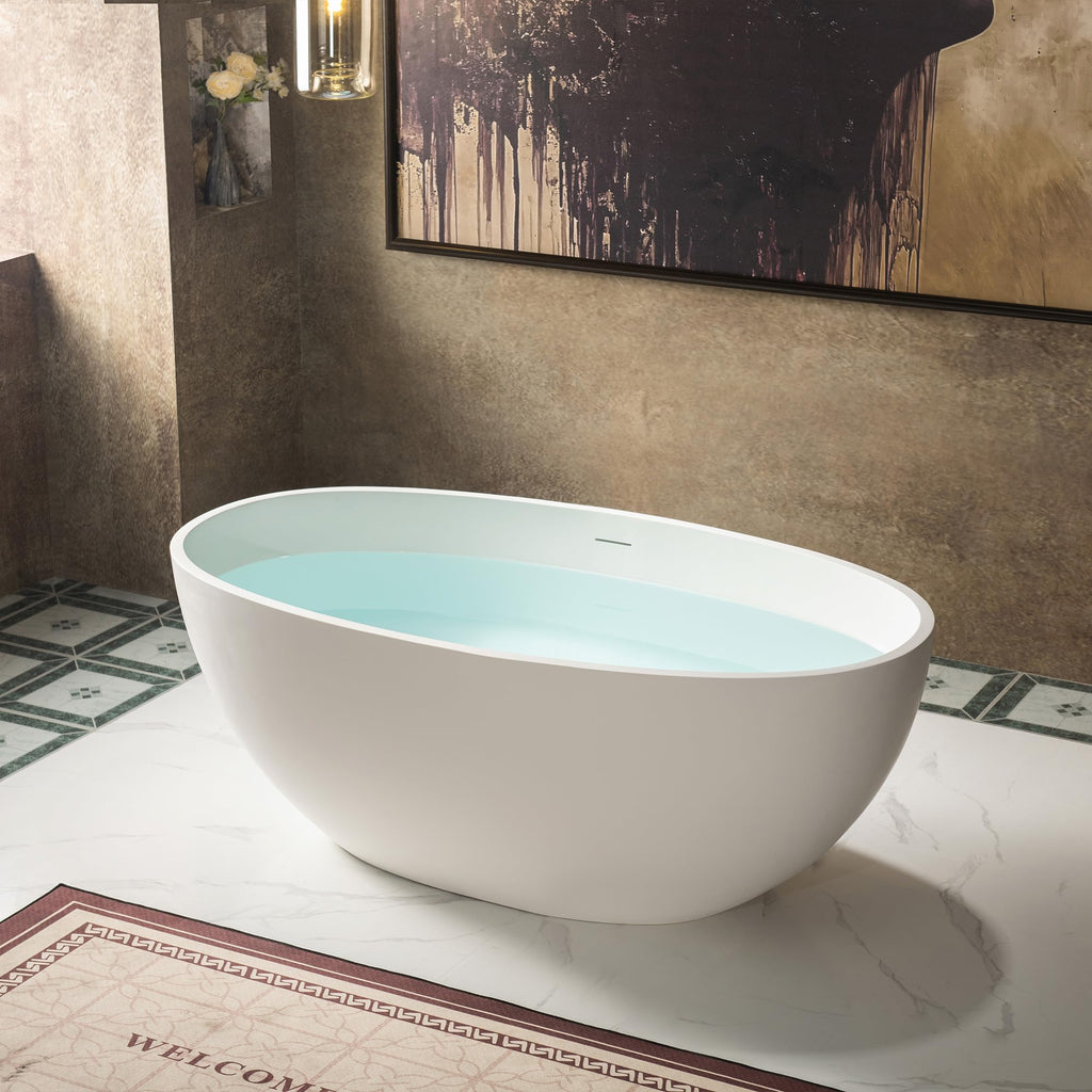 WOODBRIDGE 61" Stone Resin Freestanding Soaking Tub, Modern Oval Solid Surface Bathtub with Integrated Slotted Overflow & Drain, Matte White