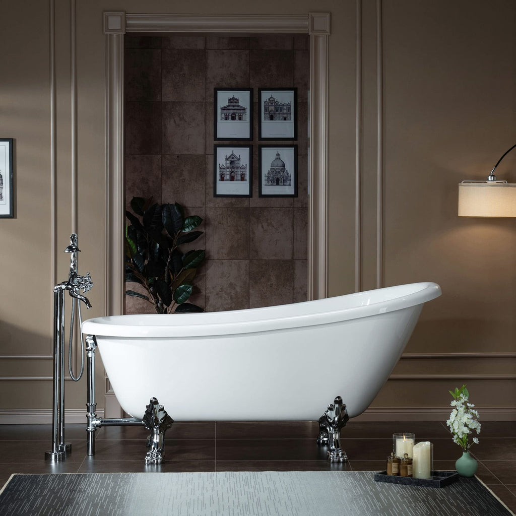 WOODBRIDGE 67" Heavy Duty Acrylic Slipper Clawfoot Bath Tub with Matte Black Feet + Matte Black Drain &Overflow