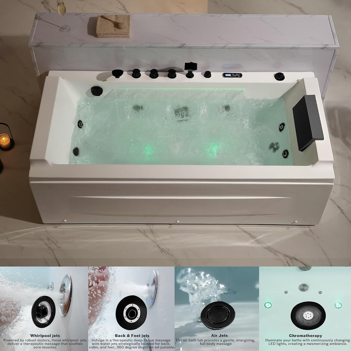 Empava Acrylic Whirlpool Bathtub, 71" Jetted Tub with Healing Chromotherapy