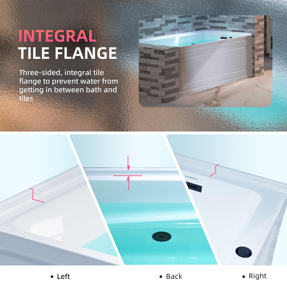 WOODBRIDGE 60" Alcove Acrylic Rectangular Whirlpool Heated Jetted Tub in White with Left Drain, Chrome pop-up Drain Included BS6030L