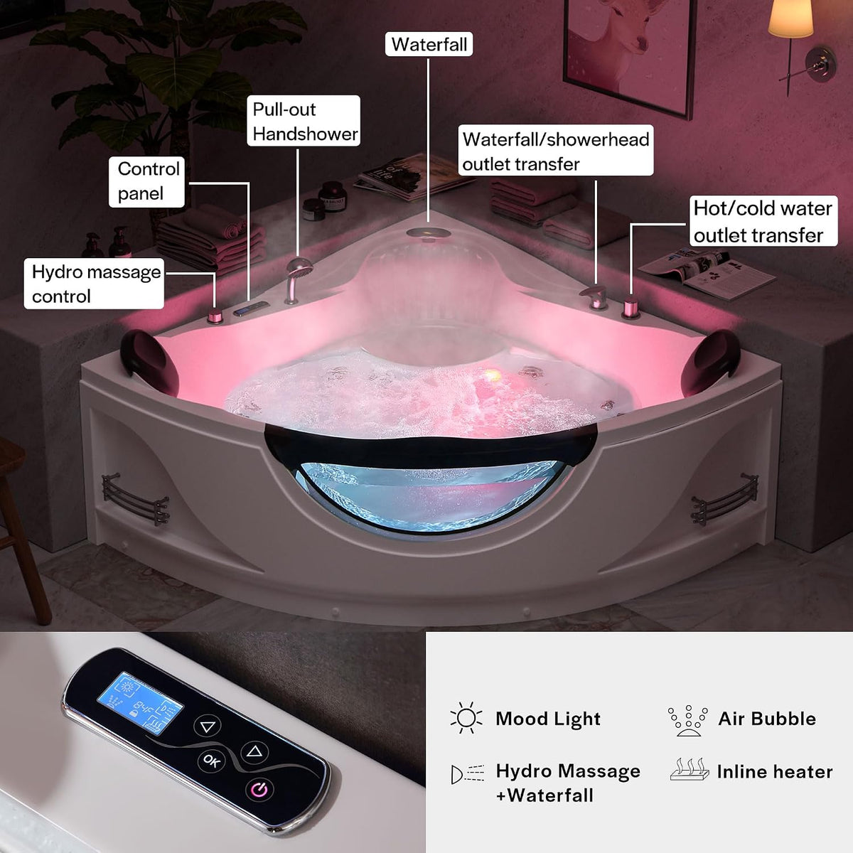 Empava 59" Corner Jetted Bathtub - 2 Person Whirlpool Tub with Heater